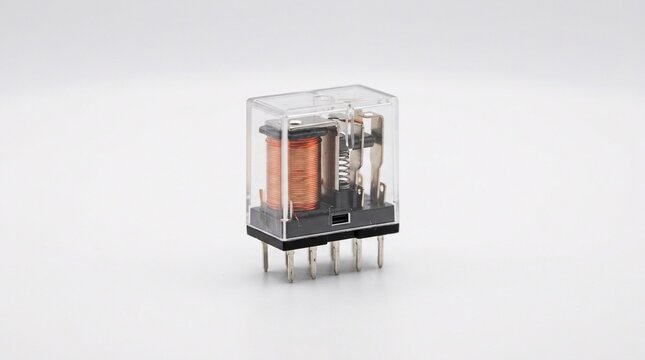 Industrial electromagnetic power relay with transparent plastic cover.