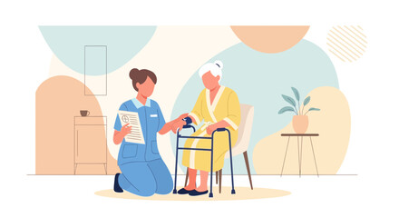 Fototapeta premium Nurse assisting elderly woman with walker in cozy room, healthcare concept