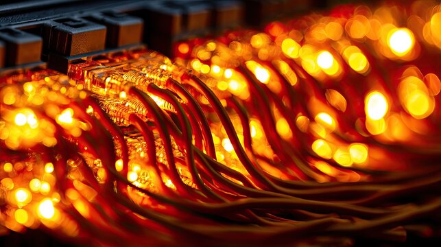 Close-up of glowing orange network cables in a server room.
