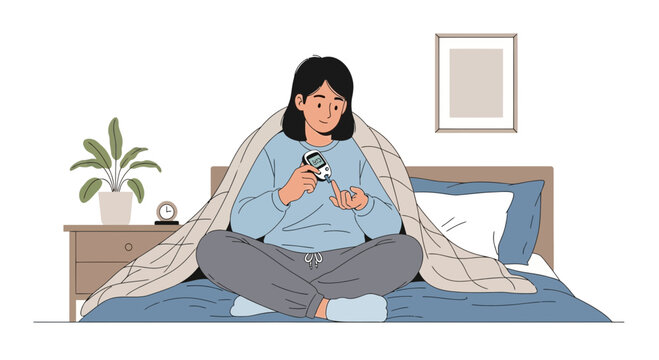 Woman checking blood sugar level in bed with glucose meter