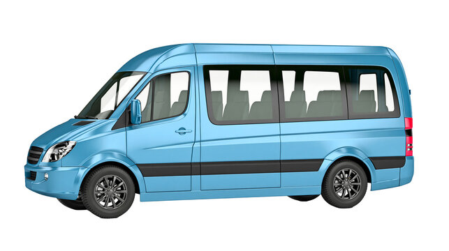 Blue passenger van with tinted windows and black trim, isolated on transparent background