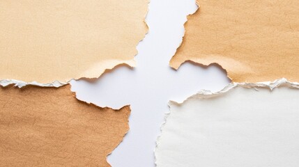 Fototapeta premium Torn beige and white paper sheets layered over each other, revealing jagged edges and contrasting textures.