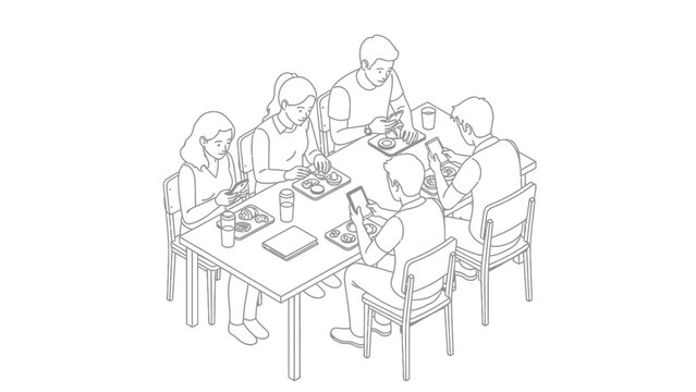 Line art of people distracted by smartphones while eating lunch, illustrating phubbing and digital addiction.