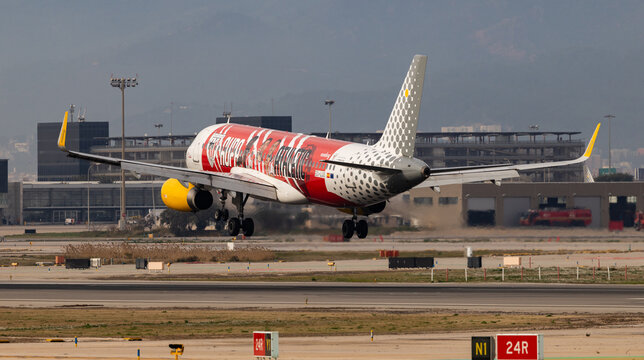 Barcelona, Spain - January 16, 2026: Airplane Vueling airline lands on runway in an airport Josep Tarradellas city of Barcelona