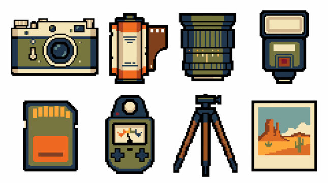 This image features pixel art representations of vintage photography tools, capturing the essence of photography's nostalgic charm and the technicality of vintage cameras.
