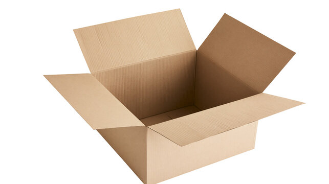 Open corrugated cardboard box with flaps extended, isolated on transparent background
