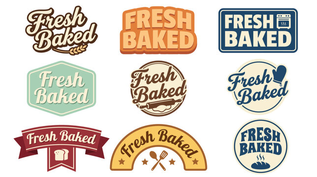 An enticing array of 'Fresh Baked' logos showcasing bread and pastry themes, representing warmth, home cooking, culinary passion, and the joy of baking delicious treats.