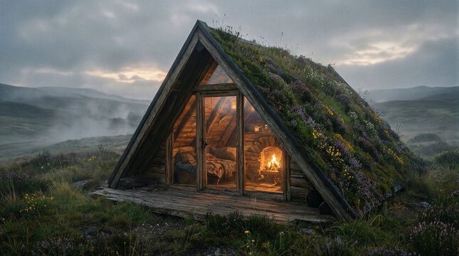 Scottish Highlands timber A-frame cabin featuring a green roof of heather and wildflowers with a cozy bothy-style interior