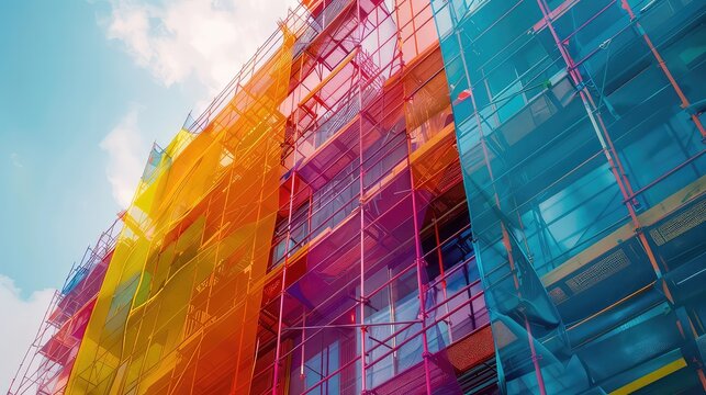 Construction site. Construction, renovation of high-rise residential building, office. Colorful hoarding on construction site, with building outline emerging behind it. Safety net covering building
