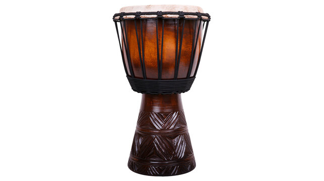 Carved wooden djembe drum with natural skin head, isolated on transparent background
