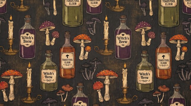 Seamless pattern featuring vintage apothecary bottles and various mushrooms on a dark moody background for creative design