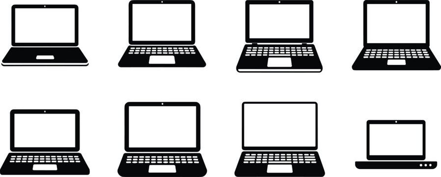 Laptop Computer Icon Collection Set with Open Notebook PC Outline and Silhouette Vector Designs