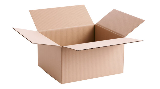 Open corrugated cardboard box with flaps extended, isolated on transparent background