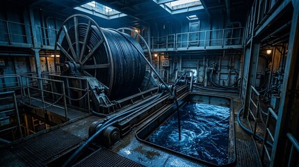 Naklejka premium Industrial heavy machinery inside a dark nautical vessel engine room.