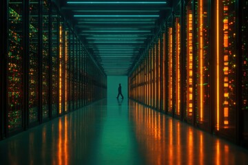 Obraz premium Dramatic view of a person walking through an illuminated hallway inside a data center with rows of servers and colorful lights reflecting on the floor