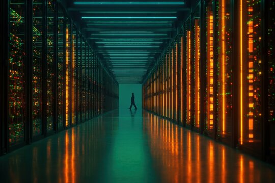 Dramatic view of a person walking through an illuminated hallway inside a data center with rows of servers and colorful lights reflecting on the floor