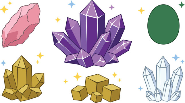 Magic crystal and gemstone vector icon set featuring purple amethyst cluster raw pink quartz jade egg golden pyrite cubes clear quartz and sparkles