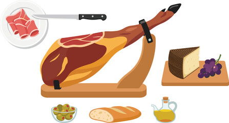 Vector illustration of Spanish jamon serrano ham leg on stand with manchego cheese slices on plate knife grapes olives bread and olive oil
