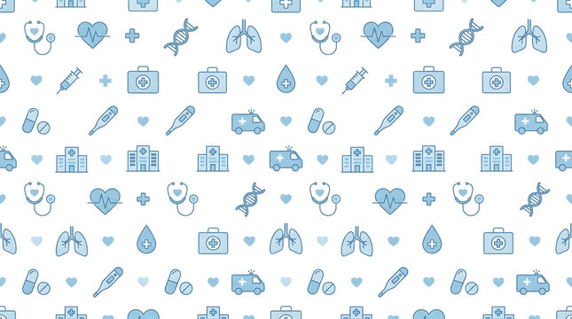Healthcare symbols form a seamless blue pattern featuring medical equipment and biological structures on a white backdrop.