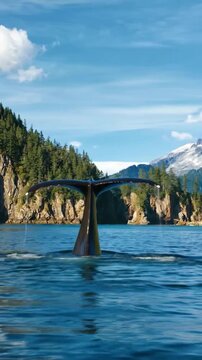 Humpback whale tail flukes diving alaska nature wildlife ocean water mountains pine trees rock coastal scenery beautiful landscape sky clouds sunny blue sea majestic animal marine life adventure 