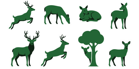 Obraz premium Green deer silhouette set featuring various wildlife poses like jumping, grazing, and resting for nature design