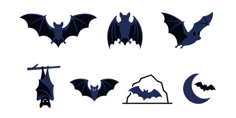 Fototapeta premium Collection of dark blue bat illustrations in various poses and settings, including hanging upside down, in flight, and silhouetted against a moon