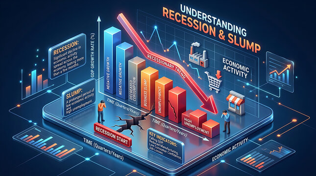 Financial market decline with stock market crash and economic downturn. Business analysts monitoring recession trends and economic indicators.