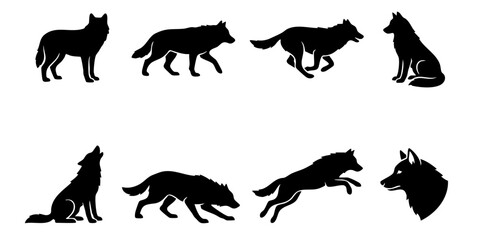 Obraz premium Black wolf silhouette collection featuring various poses like howling, running, and jumping for wildlife nature graphic design concepts