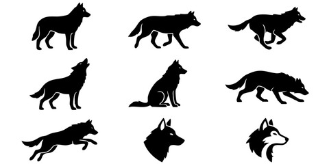 Fototapeta premium Black wolf silhouettes set featuring wild animals in various poses
