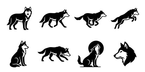 Fototapeta premium Black wolf silhouette icons set with wild predator in different poses standing walking running jumping howling at moon vector illustration