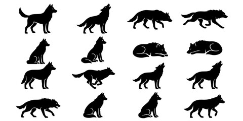 Fototapeta premium Wolf silhouettes collection in various active and resting poses like howling, running, and sitting. Black animal icons on a white background