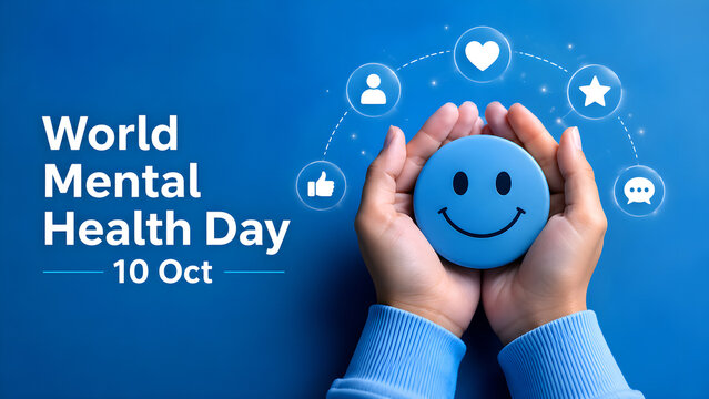 Hands holding a blue smiley face icon for World Mental Health Day celebration.