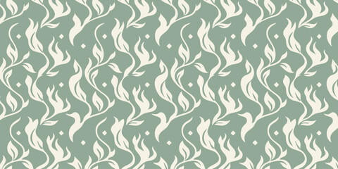 Fototapeta premium Abstract organic pattern with flowing natural motifs in a calming sage green and cream color palette for textile design and wallpaper