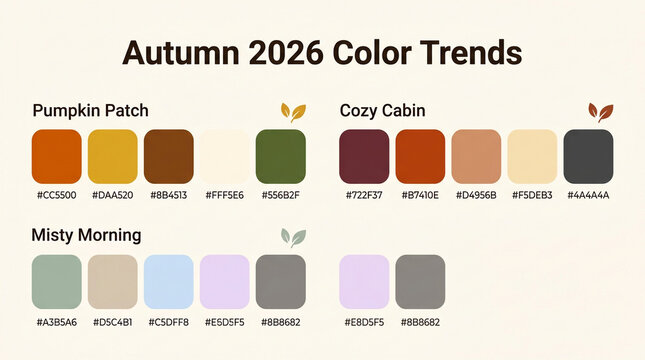 Autumn 2026 color trends palette, seasonal swatches for Pumpkin Patch and Cozy Cabin, fall aesthetic color guide with hex codes