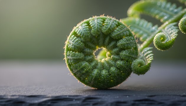 Macro shot of green native New Zealand fern fronds unfurling as a symbol of growth and renewal for Matariki celebration concept