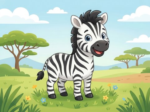 Cute cartoon baby zebra standing in a sunny african savanna landscape with green grass and acacia trees for kids education