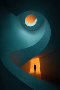 Person standing in the center of a spiral structure with soft light and shadows during a quiet moment of reflection