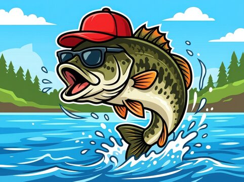 Cool bass fish wearing a red cap and sunglasses jumping out of the water in a sunny lake landscape