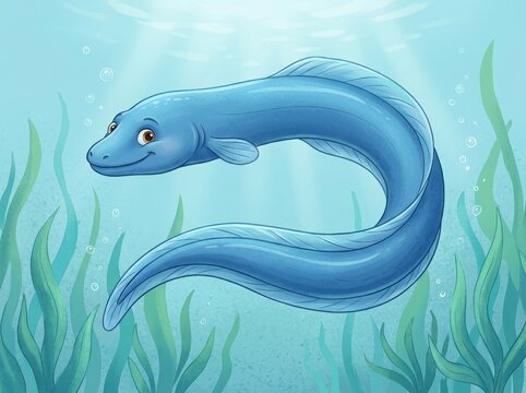 Cute cartoon blue eel swimming underwater in the ocean surrounded by green seaweed and plants