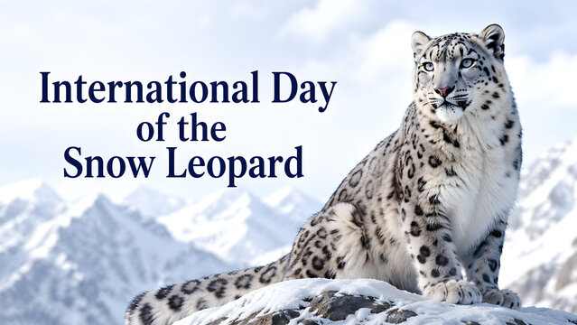 A majestic snow leopard sitting on a rocky mountain peak during International Day of the Snow Leopard.
