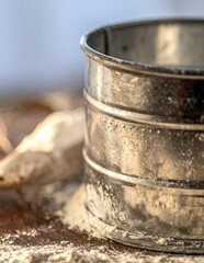 Fototapeta premium Close-up of a vintage metal flour sifter with flour scattered on a wooden surface.