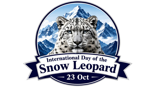International Day of the Snow Leopard emblem with mountain landscape and feline portrait.