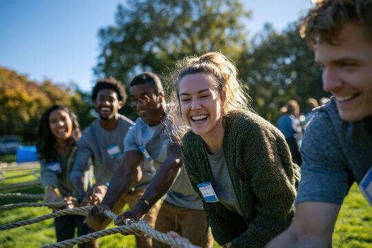 Corporate team takes part in team-building activities outdoors during a sunny day in the park while smiling and engaging with each other