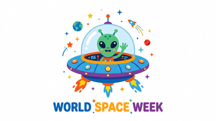 Fototapeta premium Cute cartoon alien waving from a colorful flying saucer in space for World Space Week celebration.