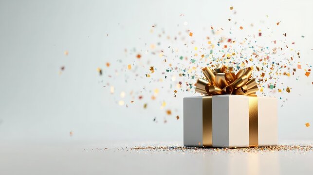 Surprise Celebration Box: An elegantly wrapped gift box with a golden ribbon bursts open, releasing a cascade of sparkling confetti into the air, signifying a moment of unexpected joy and festivity.