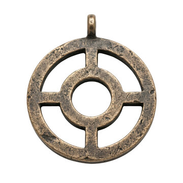 A detailed, isolated bronze pendant featuring a circular shape with an inner geometric pattern. The amulet has a weathered, antique texture and includes a loop at the top for attachment.