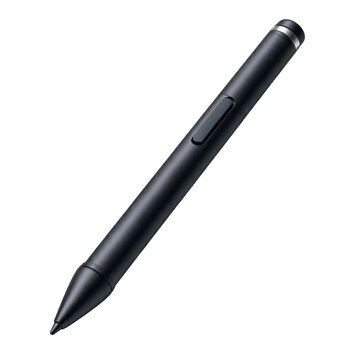 Isolated black stylus pen with silver accents, designed for digital drawing and note-taking on a transparent background