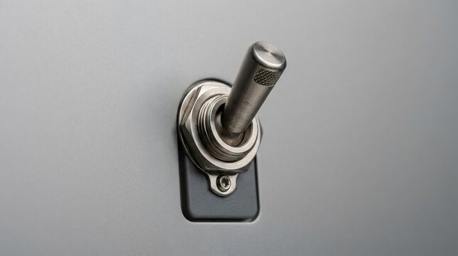Industrial metallic toggle switch mounted on a grey wall.