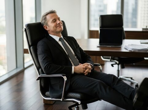 Middle aged businessman in suit sleeping in an office chair at his workplace desk during a busy work day