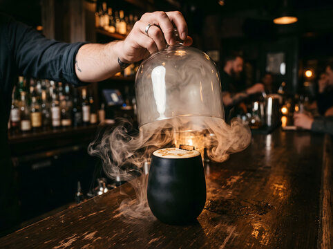 Peated Scotch Sour Cocktail Released from Glass Bell Jar with Oakwood Smoke